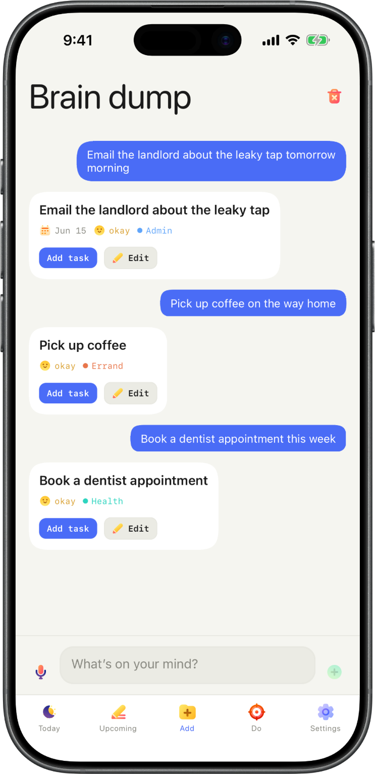 The Ikoi Brain dump screen: typed thoughts become chat bubbles that turn into separate task cards.