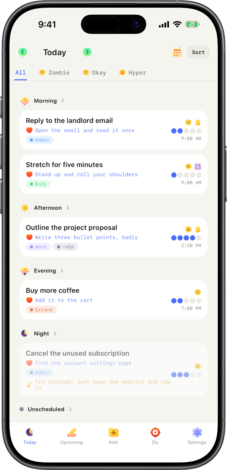 The Ikoi Today screen: today's tasks grouped by time of day, each with a tiny first step and an energy tag.